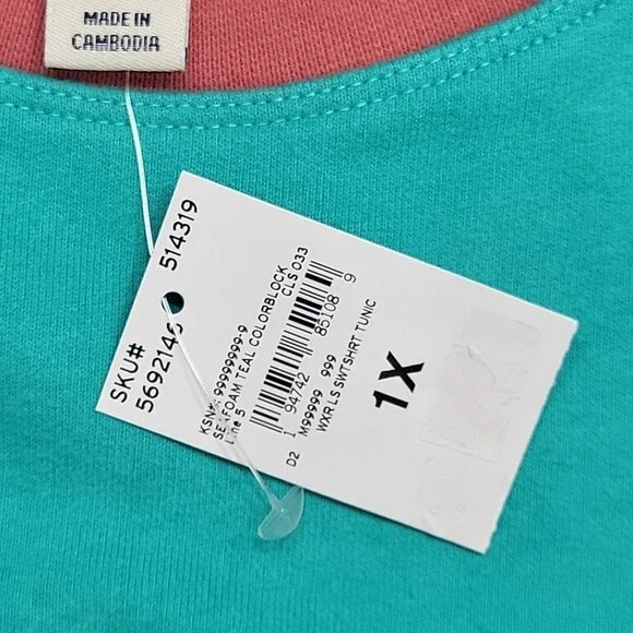 Lands End Heavy Cotton Sweatshirt 1X Plus Size Teal Colorblock Pullover Top - Picture 8 of 11